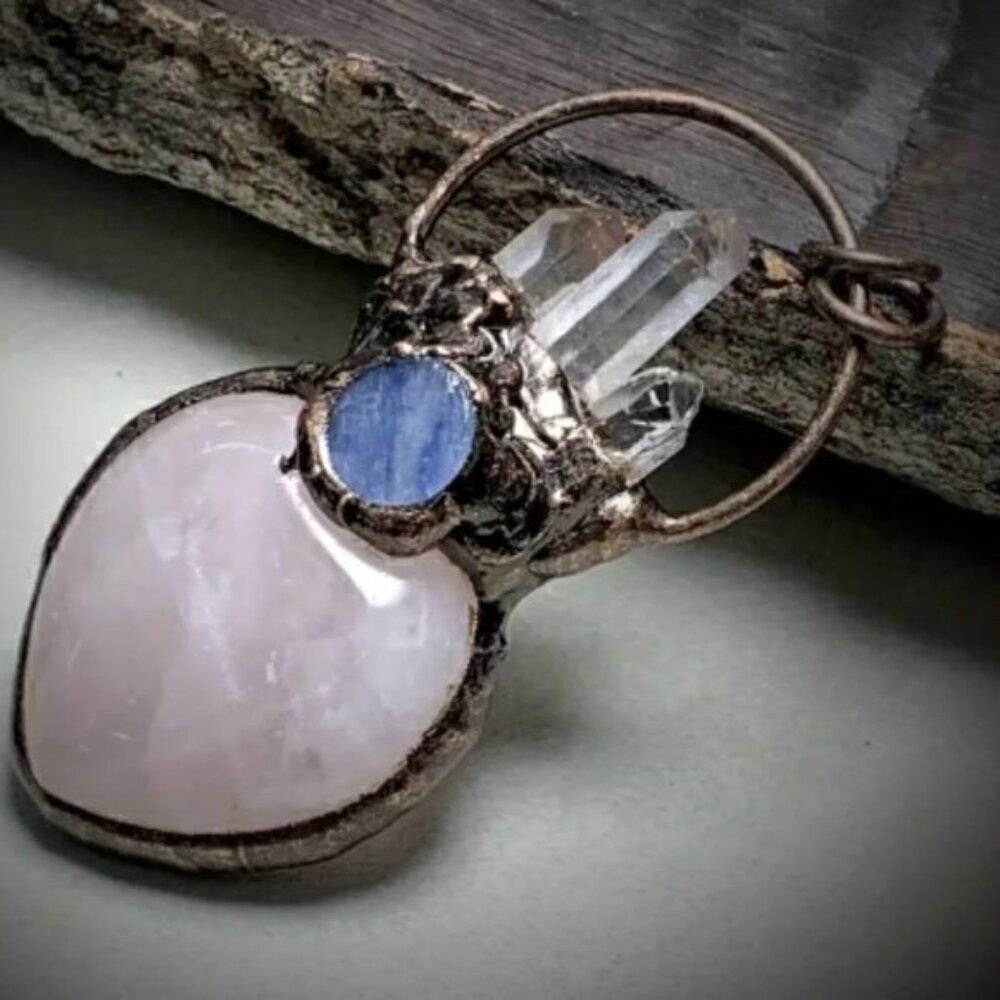 Pink Blue  Vintage Heart Shape Crystal Stone Medieval Medallion  Witch Pendant